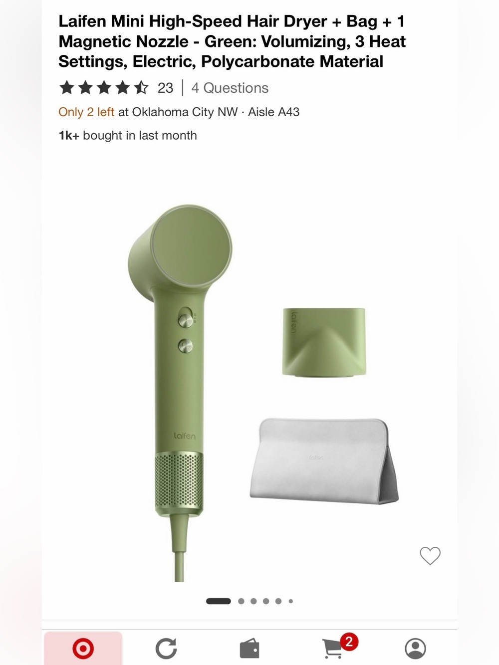 Laifen Mini High-Speed Hair Dryer + Bag + 1Magnetic Nozzle - Green